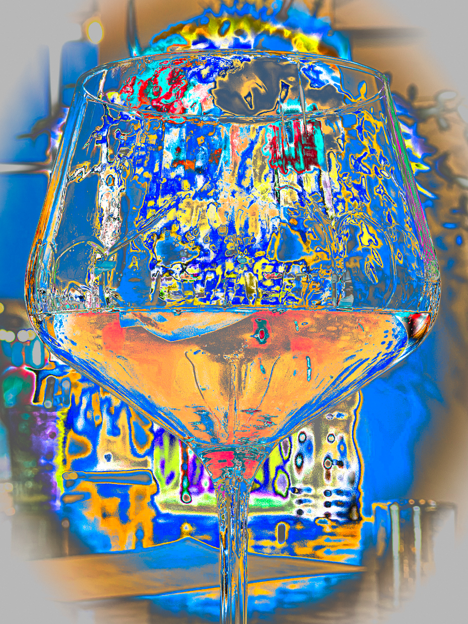 Pinot Noir in Pinot glass, bouquet of flowers in background, edited saturated and tricked out