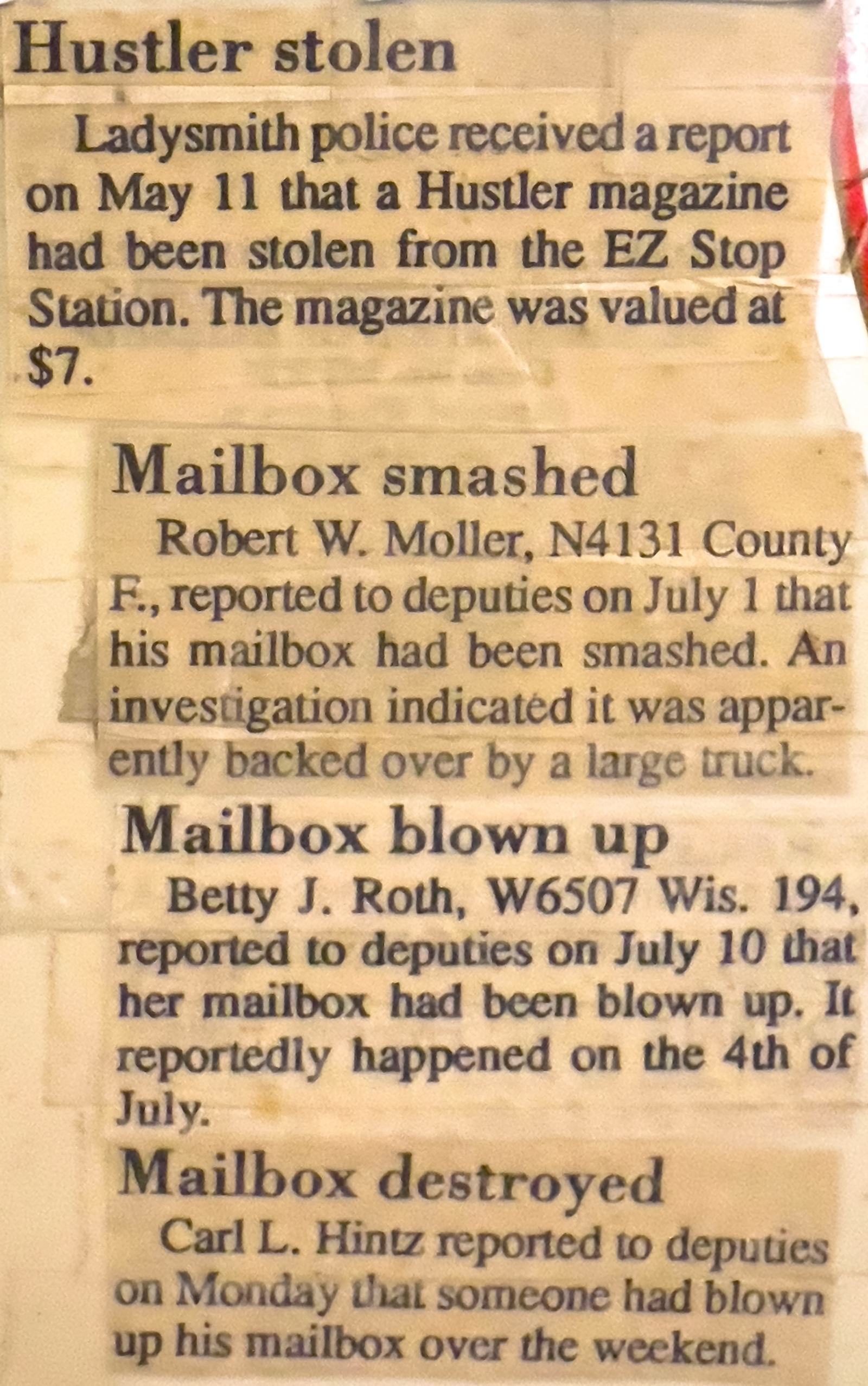 Things That May Have Happened in Ladysmith, Wisconsin, & If So,How They’d Be Reported in The Police Blotter